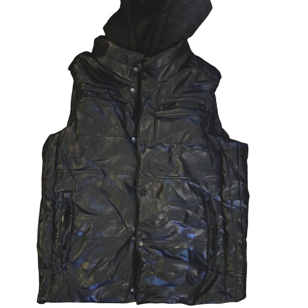 Sean John Mens Black Faux Leather Puffer Vest Hooded Streetwear Medium